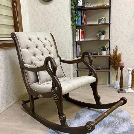 Asedia Vintage Kuğu Ceviz Krem El Oyması Ahşap Sallanan Sandalye Dinlenme Koltuğu Berjer