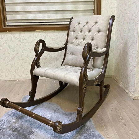 Asedia Vintage Kuğu Ceviz Krem El Oyması Ahşap Sallanan Sandalye Dinlenme Koltuğu Berjer