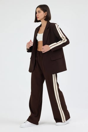 Kadın Yan Şerit Detaylı Oversize Blazer Ceket & Palazzo Kahverengi Takım