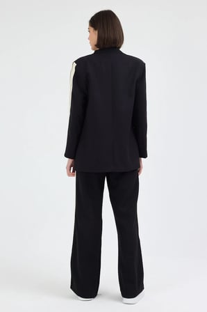 Kadın Yan Şerit Detaylı Oversize Blazer Ceket & Palazzo Siyah Takım