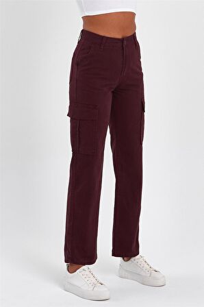 Kadın  Yüksek Bel Geniş Paça Kargo Pantolon Bordo