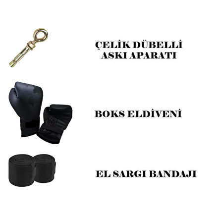 Desfabe Boxing Star 120x32 Cm Zincirli Boks Kum Torbası Siyah+Askı Aparatı+Boks Eldiveni+El Bandajı