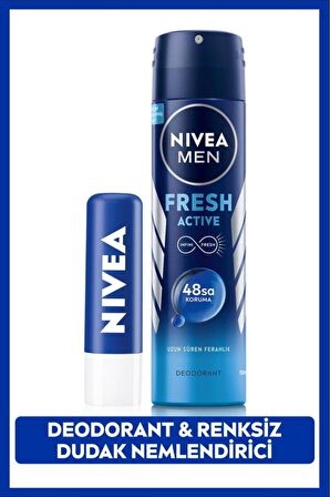 Nivea MEN Erkek Sprey Deodorant Fresh Active 150ml ve Original Care Renksiz Dudak Bakım Kremi