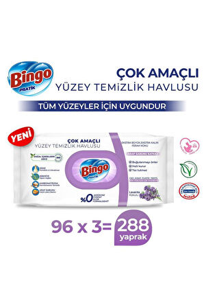 Bingo Pratik Yüzey Temizlik Havlusu Arap Sabunu Katkılı Lavanta 96x3 (288 YAPRAK)