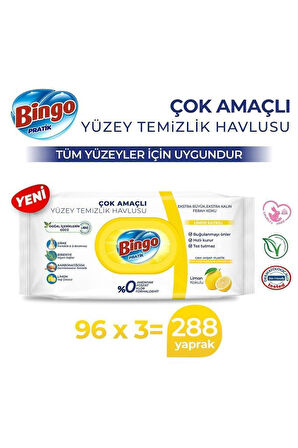 Bingo Pratik Yüzey Temizlik Havlusu Limon Kokulu 96x3 (288 YAPRAK)