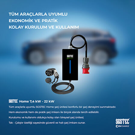 SGSTEC Home 7,4kW - 22kW Type2 32A 7mt Kablolu Elektrikli Araç Şarj Cihazı  