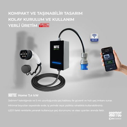 SGSTEC Home 7,4kW 5mt Kablolu Elektrikli Araç Şarj Cihazı