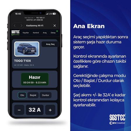 SGSTEC Home 7,4kW 5mt Kablolu Elektrikli Araç Şarj Cihazı