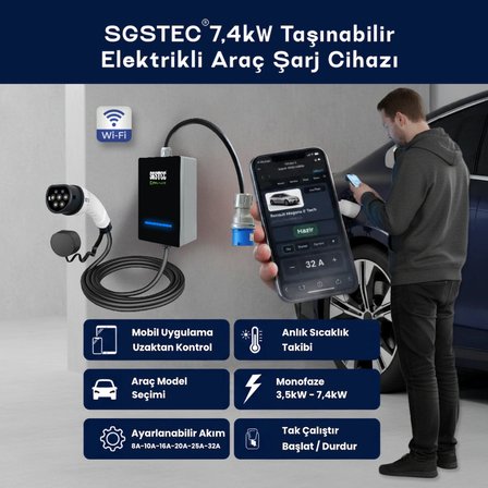 SGSTEC Home 7,4kW 5mt Kablolu Elektrikli Araç Şarj Cihazı