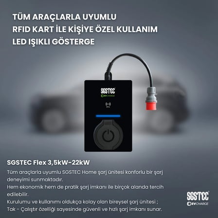 SGSTEC Flex 22kW Soketli Elektrikli Araç Şarj Cihazı 