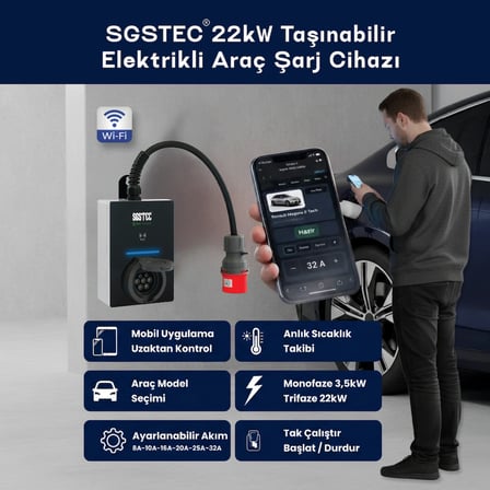 SGSTEC Flex 22kW Soketli Elektrikli Araç Şarj Cihazı 