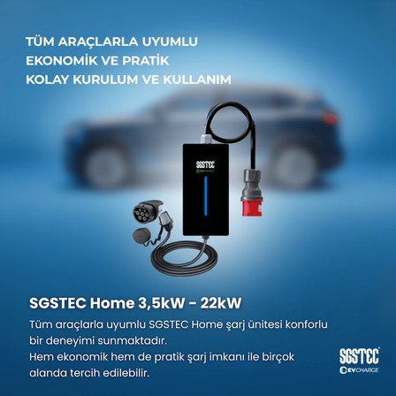 SGSTEC Home 22kW 10 Metre Kablolu Elektrikli Araç Şarj Cihazı  
