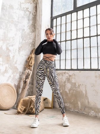 Sarı Gölgeli Siyah Beyaz Zebra Desen Toparlayıcı Spor Tayt