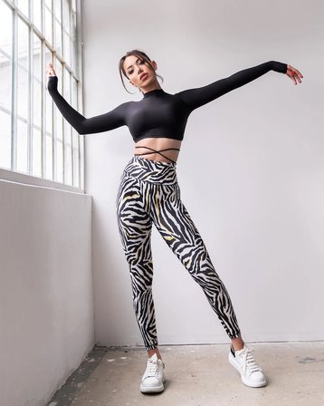 Sarı Gölgeli Siyah Beyaz Zebra Desen Toparlayıcı Spor Tayt