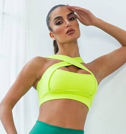 Neon Yeşil Dekolte Tasarım Spor Büstiyer - Sporcu Sütyeni