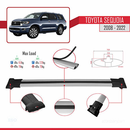 Toyota Sequoia 2008-2022 Arası ile Uyumlu FLY Model Ara Atkı Tavan Barı Gri 2 Adet