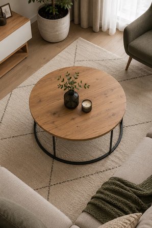 Reyo Falez Terra Lüx Ceviz Yuvarlak Orta Sehpa Modern Metal Ayaklı Salon ve Oturma Odası Sehpası 70 