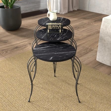 Reyo Falez Lükens Bendir Metal Ayaklı Mermer Desenli Zigon Sehpa Seti – Modern Salon ve Oturma Odası