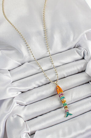 Pirinç Rainbow Balık Model Zirkon Taşlı Gold Renk Kadın Kolye