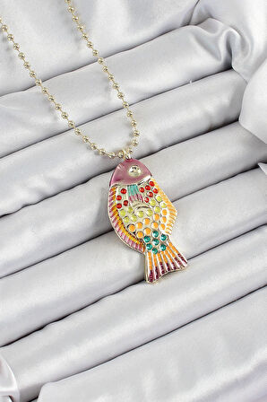 Pirinç Rainbow Balık Model Zirkon Taşlı Gold Renk Kadın Kolye