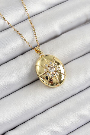 Celira Çelik Zincir Açılabilir Madalyon Model Zirkon Taşlı Gold Renk Kadın Kolye