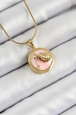 Celira Çelik Zincir Pembe Mineli Sanatsal Portre İstiridye Model Gold Renk Kadın Kolye
