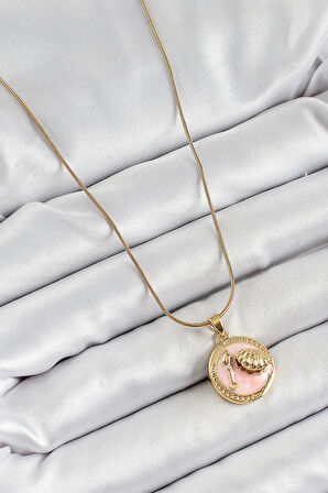 Celira Çelik Zincir Pembe Mineli Sanatsal Portre İstiridye Model Gold Renk Kadın Kolye