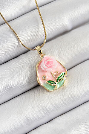 Celira Çelik Zincir Zirkon Taşlı Pembe Sanatsal Portre Gül Figürlü Beşgen Model Gold Renk Kadın Kolye