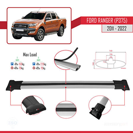 Ford Ranger (P375) 2011-2022 Arası ile Uyumlu FLY Model Ara Atkı Tavan Barı Gri 2 Adet