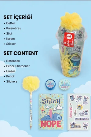 x Dekomus Lisanslı Stitch Aloha Dream Cup 5 Parça Kırtasiye Seti Sticker, Tüylü Kalem "Dekomus Cep Defteri Hediyeli"