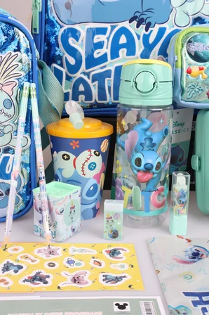 x Dekomus Lisanslı Stitch "Iconic Blue Collection" Kırtasiye Seti Okul, Termoslu Beslenme Ve Kalem Çantası, 500 Ml Matara, Beslenme Kabı Seti