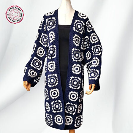 Uretti - Yıldız 7202 7297 El Örgüsü Lacivert Pamuk İp Örgü Kadın Günlük Ceket / Hırka - 40/42/44