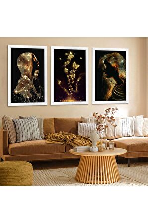 Gold Aynalı Pleksi Çerçeveli Beyaz Arka Planlı Mavi Modern Çiçek Mdf Tablo