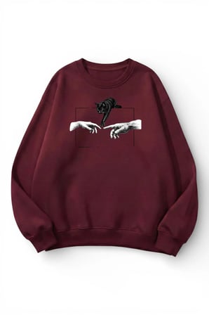 Unisex Yumuşak Dokulu Kedi Temas Baskılı Tasarım Oversize 3 İplik Bisiklet Yaka Sweatshirt