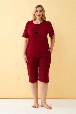 Celira Kadın Bordo Kalp Desenli Büyük Beden Kapri Pijama Takımı