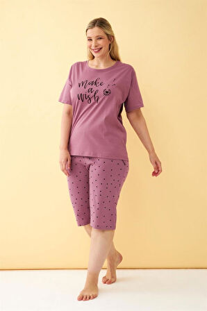 Celira Kadın Mürdüm “Make a Wish” Yazılı Büyük Beden Kapri Pijama Takımı