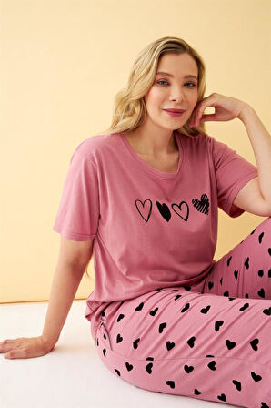 Celira Kadın Somon Kalp Desenli Büyük Beden Kapri Pijama Takımı