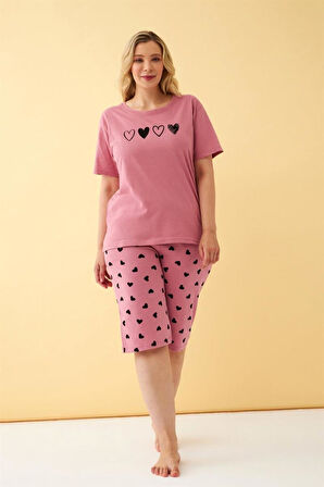 Celira Kadın Somon Kalp Desenli Büyük Beden Kapri Pijama Takımı