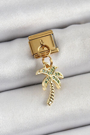 Celira Çelik Sallantılı Zirkon Taşlı Palmiye Ağacı Model Gold Renk Nomination Charm