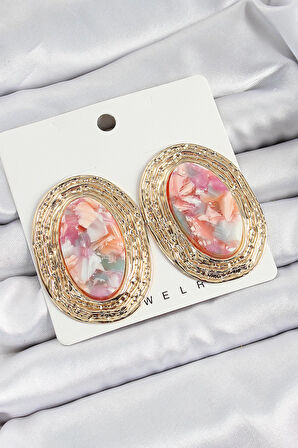 Pirinç Mermer Desenlli Pembe Sedef Oval Vintage Model Gold Renk Kadın Küpe