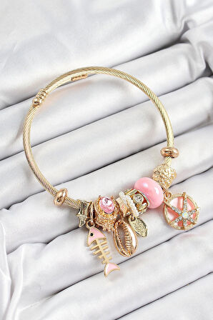 Celira Çelik Pembe Zirkon Taşlı Balık Deniz Kabuğu Ve Deniz Yıldızı Model Gold Renk Charm Bileklik