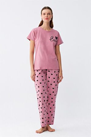 Celira Kadın Somon Kalp Desenli Kısa Kollu Penye Pijama Takımı