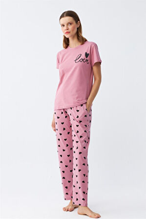 Celira Kadın Somon Kalp Desenli Kısa Kollu Penye Pijama Takımı