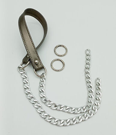 Çanta Aksesuar Suni Deri Dikişli Gümüş Zincirli Parlak Gri Renk Çanta Sapı