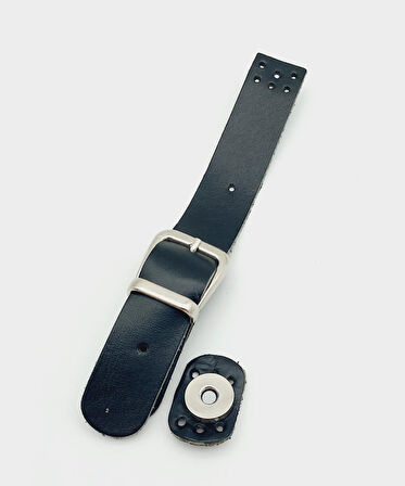 Çanta Aksesuar 18x2,3 cm Siyah Gerçek Deri Tokalı Çanta Kapağı Gümüş Metalli