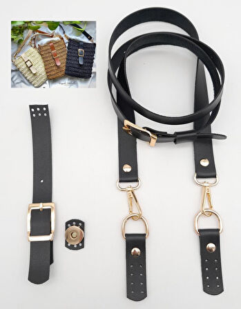 Çanta Aksesuar Siyah Tek Kat Suni Deri Çanta Seti Light Gold Metalli