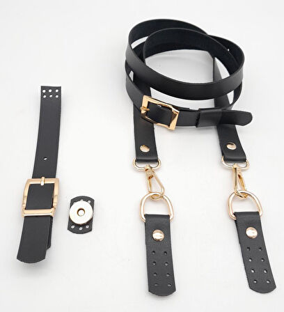 Çanta Aksesuar Siyah Tek Kat Suni Deri Çanta Seti Light Gold Metalli