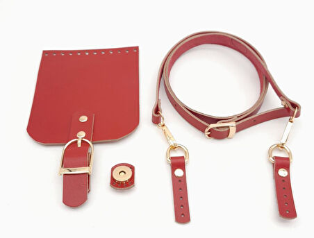 Çanta Aksesuar Kırmızı Gerçek Deri 130x1.5 cm Ayarlı Saplı Çanta Seti Light Gold Metalli