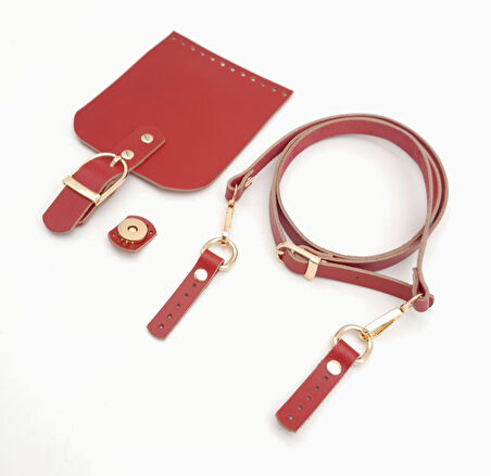 Çanta Aksesuar Kırmızı Gerçek Deri 130x1.5 cm Ayarlı Saplı Çanta Seti Light Gold Metalli
