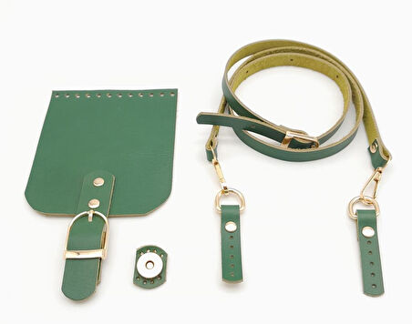 Çanta Aksesuar Yeşil Gerçek Deri 130x1.5 cm Ayarlı Saplı Çanta Seti Light Gold Metalli